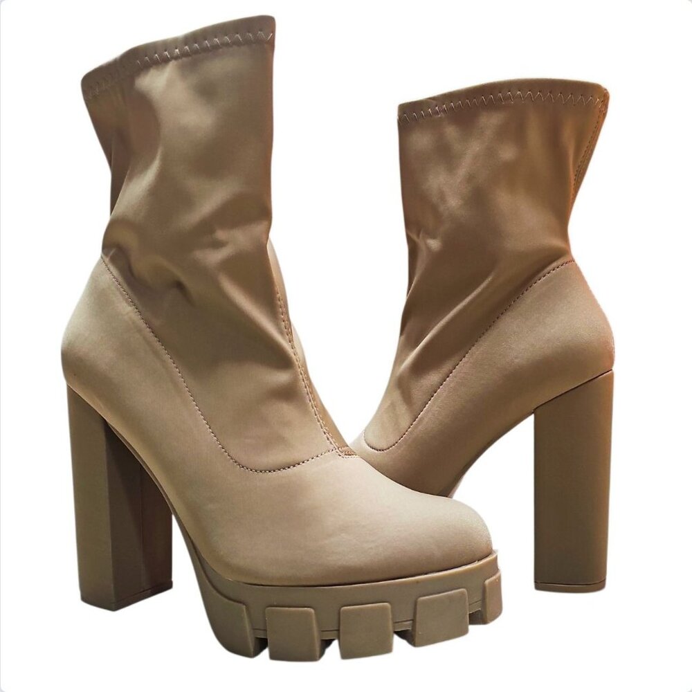Chunky Platform Block Heel Ankle Boots With Side Zipper In Taupe Satin Material - Picture 7 of 10